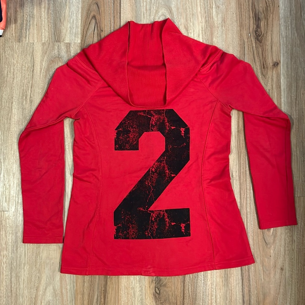 Red “2” scoop turtleneck sweater